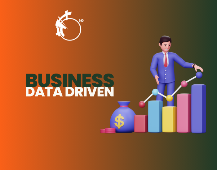 Graphics with Business driven data text with image showing a man behind a graph trending upwards.